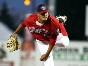 Former double-A pitcher Brennan Bernardino made his Goldeyes debut on Aug. 8, 2018, against Cleburne, throwing a shutout inning.  (DAN LeMOAL/WINNIPEG GOLDEYES)