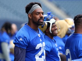 Winnipeg Blue Bombers defensive end Tristan Okpalaugo watches practice on Tuesday, Aug. 14, 2018. (KEVIN KING/WINNIPEG SUN)