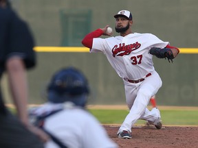 Winnipeg Goldeyes reliever Victor Capellan throws  during Game 4 of the best-of-five American Association semi-final series against the Lincoln Saltdogs at Shaw Park in Winnipeg on Sun., Sept. 10, 2017. Kevin King/Winnipeg Sun/Postmedia Network