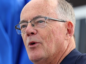 Bob Irving, the voice of the Winnipeg Blue Bombers, speaks during a unveiling ceremony for a bronze statue of former coach and general manager Cal Murphy outside Investors Group Field in Winnipeg on Thurs., Sept. 21, 2017. Kevin King/Winnipeg Sun/Postmedia Network