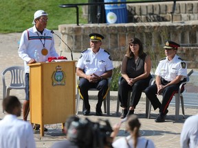 From the left; Sgt. Kevin Redsky of the Anishinabek Police Service, and founder/organizer of the Hope in the Darkness, National Walk for Your Mental Health,  Scott Kolody,  Assistant Commissioner, Commanding Officer, "D" Division, Marion Cooper, Executive Director of the Canadian Mental Health Association, and Winnipeg Police Service Chief, Danny Smyth.  Photo made in Winnipeg. Friday, August 03/2018 Winnipeg Sun/Chris Procaylo/stf