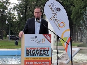 Event organizer Jason Smith addresses the crowd at the ManyFest kickoff on Tuesday at Memorial Park in Winnipeg.The eighth annual Manitoba Liquor & Lotteries ManyFest downtown street festival will be held Sept. 7-9