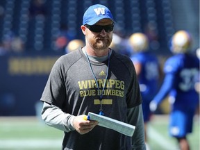 Head coach Mike O'Shea at the helm during Winnipeg Blue Bombers practice on Tuesday.
