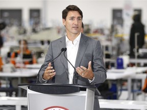 Prime Minister Justin Trudeau speaks during a press conference at a new 700 employee Canada Goose manufacturing facility in Winnipeg.