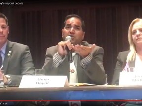 Screenshot off video of Winnipeg's mayoral debate on environmental issues at the University of Winnipeg from Tuesday. (Left to right) Mayor Brian Bowman, Umar Hayat and Jenny Motkaluk. The Winnipeg Chamber of Commerce cancelled its mayoral event after Bowman has refused to take part in debates where not all of the candidates are invited.