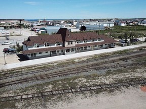 An aerial view of the rail line and Via station is shown in Churchill, Man., on July 4, 2018. A partnership taking over a railway in northern Manitoba says work is underway to repair its damaged tracks. Murad Al-Katib of Arctic Gateway Group says repairs began last week on the line between Gillam and Churchill. He says crews are working each day but it's not known when repairs will be complete.