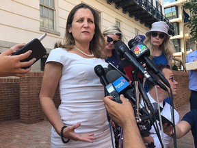 Canadian Foreign Affairs Minister Chrystia Freeland talks to reporters outside the United States Trade Representative building in Washington, Thursday Sept. 6, 2018.
