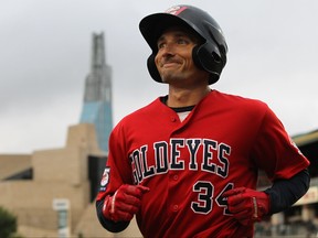 Winnipeg Goldeyes second baseman Tucker Nathans is all smiles heading back to the dugout after hitting a home run during American Association action against the Texas AirHogs in Winnipeg on Wed., July 25, 2018. Kevin King/Winnipeg Sun/Postmedia Network