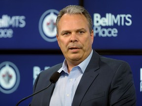 Winnipeg Jets' general manager Kevin Cheveldayoff addresses media prior to the team's first preseason game against the Minnesota Wild in Winnipeg, Monday, September 17, 2018.