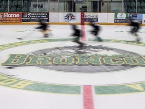 Players from team black skate down the ice during the first day of the Humboldt Broncos training camp at Elgar Petersen Arena in Humboldt, Sask. on Friday, August, 24, 2018. THE CANADIAN PRESS/Kayle Neis ORG XMIT: CPT129