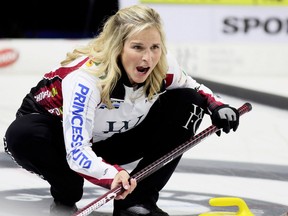 Reigning women's world champion Jennifer Jones of Winnipeg shouts instructions during the first draw at the Princess Auto Elite 10 at Thames Campus Arena in Chatham, Ont., on Wednesday, Sept. 26, 2018. The Grand Slam of Curling tournament ends Sunday. Mark Malone/Chatham Daily News/Postmedia Network