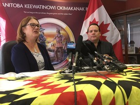 Federal Indigenous Services Minister Jane Philpott (left) announces $68 million in funding for Indigenous-led health transformation, alongside Grand Chief Garrison Settee of Manitoba Keewatinowi Okimakanak, in Winnipeg, Thursday, Sept.6, 2018.