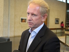 CUTLINE: Developer Andrew Marquess, of Gem Equities, speaks to media after the majority of city council voted not to allow him to be a delegate during its Thursday, Sept. 20, 2018 meeting. Marquess had hoped to speak on the Parker Lands plan, which the city's administration has advised councillors not to hold a vote on. (JOYANNE PURSAGA/Winnipeg Sun/Postmedia Network)