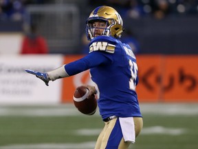 Blue Bombers quarterback Matt Nichols warms up prior to CFL action against the Montreal Alouettes in Winnipeg on Fri., Sept. 21, 2018. (KEVIN KING/WINNIPEG SUN FILE)