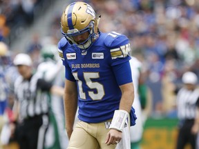 Winnipeg Blue Bombers quarterback Matt Nichols walks off the field after throwing an interception against the Saskatchewan Roughriders on Saturday, Sept. 8, 2018, in Winnipeg. (JOHN WOODS/THE CANADIAN PRESS)