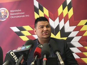 York Factory First Nation Chief Leroy Constant speaks to media in Winnipeg on Friday, Sept. 7, 2018. A northern Manitoba First Nation is calling for a provincial inquiry into racism, discrimination and violence linked to hydroelectric development on its territory. York Factory First Nation Chief Leroy Constant says people have suffered because of the Manitoba Hydro projects. He says women in particular have experienced ongoing trauma.