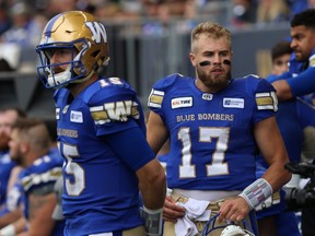 Winnipeg Blue Bombers QBs Chris Streveler (right) and Matt Nichols on the sideline during the second half of CFL action against the Saskatchewan Roughriders in Winnipeg on Sat., Sept. 8, 2018. Kevin King/Winnipeg Sun/Postmedia Network