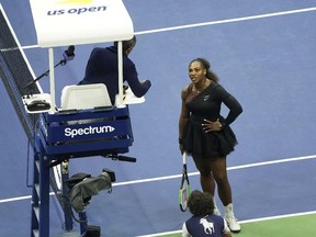 Serena Williams argues with the chair umpire during the women's final of the U.S. Open at the USTA Billie Jean King National Tennis Center, in New York, Saturday, Sept. 8, 2018.
