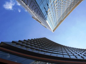 The view looking up the towering 17-storey True North Square office building is the newest addition to WinnipegÕs skyline on July 23, 2018. Danton Unger/Winnipeg Sun