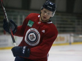 Defenceman Nelson Nogier reacts during Winnipeg Jets training camp at Bell MTS Iceplex on Sun., Sept. 16, 2018. Kevin King/Winnipeg Sun/Postmedia Network