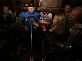 Blake Wheeler speaks with media about his contract extension following a skate at Bell MTS Iceplex in Winnipeg on Tues., Sept. 4, 2018. Kevin King/Winnipeg Sun/Postmedia Network