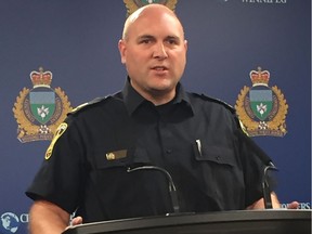 Winnipeg Police Service Staff Sgt. Sean Pollock of the Traffic Division addresses the media at a press conference at the Winnipeg Police Service headquarters on Monday, Sept. 10, 2018.