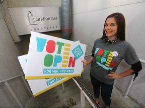 Alyson Shane displays some Vote Open signs at one of the entrances to the underground concourse at Portage and Main.  Vote Open proponents have opened campaign headquarters, in a retail space, in the concourse. Tuesday, September 11, 2018.
Chris Procaylo/Winnipeg Sun