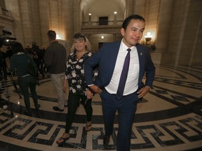 NDP MLA Bernadette Smith (left), and Wab Kinew, Manitoba NDP leader, walk away after talking to media regarding the cover up of contaminated soil, that took place while the NDP were in power.   Thursday, September 13/2018 Winnipeg Sun/Chris Procaylo/stf
