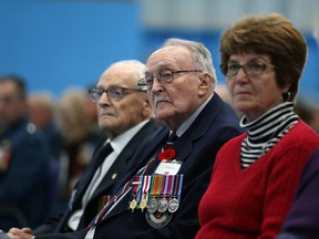 Battle of Britain veteran Ralph Wild listens during a ceremony at 17 Wing Winnipeg on Sunday. Retired flying officer Gordon Keatch is at his right. Keath laid a wretch on behalf of the Royal Australian Air Force.
