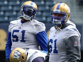 Jermarcus Hardrick (51) was back with the starting offensive line during Winnipeg Blue Bombers practice on Mon., Sept. 17, 2018. Kevin King/Winnipeg Sun/Postmedia Network