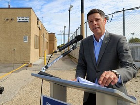 Mayor Brian Bowman makes a campaign policy announcement on recreational facilities at Waverley Heights Community Centre in Winnipeg on Monday.