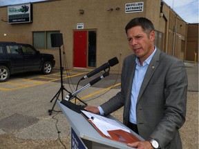 Mayor Brian Bowman makes a campaign policy announcement on recreational facilities at Waverley Heights Community Centre in Winnipeg on Monday.