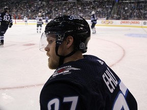 Winnipeg Jets forward Nikolaj Ehlers gets to his feet after being tripped by a Minnesota Wild player during NHL preseason action in Winnipeg on Mon., Sept. 17, 2018. Kevin King/Winnipeg Sun/Postmedia Network