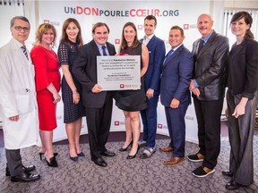 From left to right: Dr. Jean-Claude Tardif, Martine Bouchard, Josée Noiseux, Andrew T. Molson, Mélanie La Couture, Lino A. Saputo Jr., Vince Barletta, Dr. Grant Pierce, Dr. Marie-Pierre Dubé. Winnipeg's St. Boniface Hospital Foundation and The Montreal Heart Institute Foundation announced on Tuesday that several major research projects on women's cardiovascular health will be made possible thanks to a $2.5 million donation from The Molson Foundation.