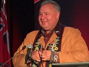 Manitoba Metis Federation President David Chartrand speaks at the Manitoba Metis Federation annual general assembly at Assiniboia Downs in Winnipeg on Saturday.