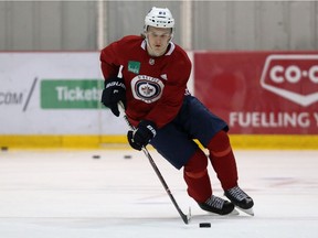 Sami Niku carries the puck during Winnipeg Jets training camp at Bell MTS Iceplex in Winnipeg on Monday.