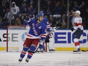 Mats Zuccarello of the New York Rangers celebrates his second goal of the game at 1:27 of the third period against the Florida Panthers at Madison Square Garden on October 23, 2018 in New York City. The Rangers defeated the Panthers 5-2. (Photo by Bruce Bennett/Getty Images)