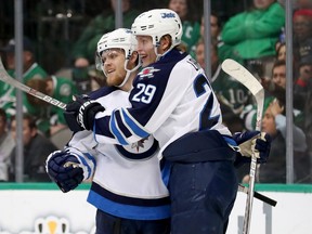 DALLAS, TX - FEBRUARY 02:  Nikolaj Ehlers #27 of the Winnipeg Jets celebrates with Patrik Laine #29 of the Winnipeg Jets after scoring a goal against Kari Lehtonen #32 of the Dallas Stars in the second period at American Airlines Center on February 2, 2017 in Dallas, Texas.  (Photo by Tom Pennington/Getty Images)