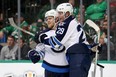 DALLAS, TX - FEBRUARY 02:  Nikolaj Ehlers #27 of the Winnipeg Jets celebrates with Patrik Laine #29 of the Winnipeg Jets after scoring a goal against Kari Lehtonen #32 of the Dallas Stars in the second period at American Airlines Center on February 2, 2017 in Dallas, Texas.  (Photo by Tom Pennington/Getty Images)
