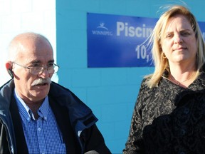 St. Boniface council candidate Marcel Boille and mayoral candidate Jenny Motkaluk speak with media on Friday, Oct. 19, 2018. Both council candidates say they'd guarantee the Norwood Pool won't close, if they're elected. 
JOYANNE PURSAGA/Winnipeg Sun/Postmedia Network