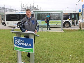 Incumbent mayoral candidate Brian Bowman stands near a Winnipeg bus stop on Monday, Oct. 1, 2018, to announce his platform pledges for Winnipeg Transit, if re-elected. 
JOYANNE PURSAGA/Winnipeg Sun