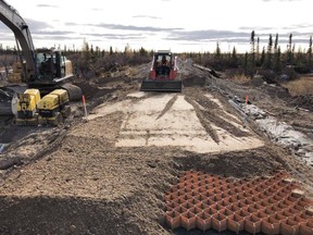 Members of a work group take part in the repair work on the railway to Churchill in this handout image. The new owner of the railway to Churchill says washouts that have kept the line closed since spring 2017 have now been repaired, allowing some vehicles to travel along the link.