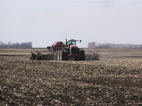 While sitting behind the wheel of his Versatile tractor, Starbuck farmer Mark Masse pulls his air-seeder rig up and down a field about six kilometers east of Fannystelle, Manitoba on April 5, 2012. Masse said the soil conditions are just right for planting oats, despite the unusual winter and spring southern Manitoba experienced. He also said he's not the only farmer out in their fields and heard other farmers began their seeding earlier this week. Fannystelle is about 62 km west of Winnipeg. GLEN HALLICK/CARMAN VALLEY LEADER/QMI AGENCY