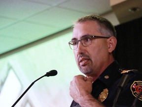 Humboldt Fire Chief Mike Kwasnica speaks at a conference in Winnipeg on Wednesday, Oct. 10, 2018. The manager for the City of Humboldt says community officials everywhere need to be trained in how to deal with trauma and mental-health needs following a disaster. Joe Day had limited training in how to respond to an emergency when he was called last spring about the fatal crash that would shape his city in eastern Saskatchewan. A semi-trailer and a bus carrying the Humboldt Broncos junior hockey team collided as the team was on its way to a playoff game and 16 people died. Day and Humboldt fire Chief Mike Kwasnica are sharing what they learned from the collision at a disaster management conference in Winnipeg.