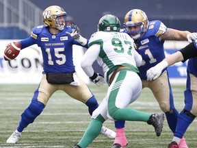 Winnipeg Blue Bombers quarterback Matt Nichols (15) throws agent the Saskatchewan Roughriders during the first half of CFL action in Winnipeg Saturday, October 13, 2018.