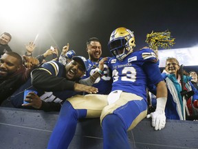 Winnipeg Blue Bombers' Andrew Harris (33) celebrates a touchdown by quarterback Chris Streveler (17) with fans during the second half of CFL action against the Calgary Stampeders, in Winnipeg, Friday, Oct. 26, 2018.