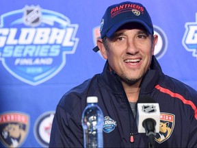 Florida Panthers coach Bob Boughner speaks during a press conference in Helsinki, Finland, Sunday Oct. 28, 2018, ahead of their ice hockey NHL Global Series matches against Winnipeg Jets on Thursday and Friday. (Jussi Nukari/Lehtikuva via AP) ORG XMIT: LBJ803