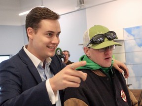 Delta 9 co-founder and CEO John Arbuthnot shows local cannabis activist Steven Stairs around Delta 9's new store at 827 Dakota Street in Winnipeg on Oct. 17.