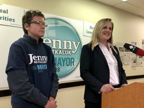 15-year-old Justice Atamanchuk (left) was chosen as mayoral candidate Jenny Motkaluk's honourary campaign chair on Tuesday, Oct. 2, 2018. Scott Billeck/Postmedia
