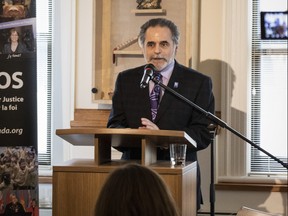 KAIROS Program Manager Ed Bianchi speaks during a press conference as KAIROS Canada released its updated Education for Reconciliation (E4R) Report Card on Tuesday, at the National Centre for Truth and Reconciliation at the University of Manitoba.